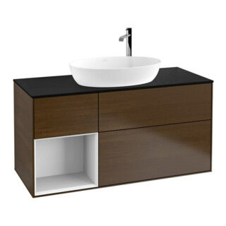 V&B Meuble sous lavabo Finion 120 cm, placage blanc mat, laqué blanc brillant, noyer veneer