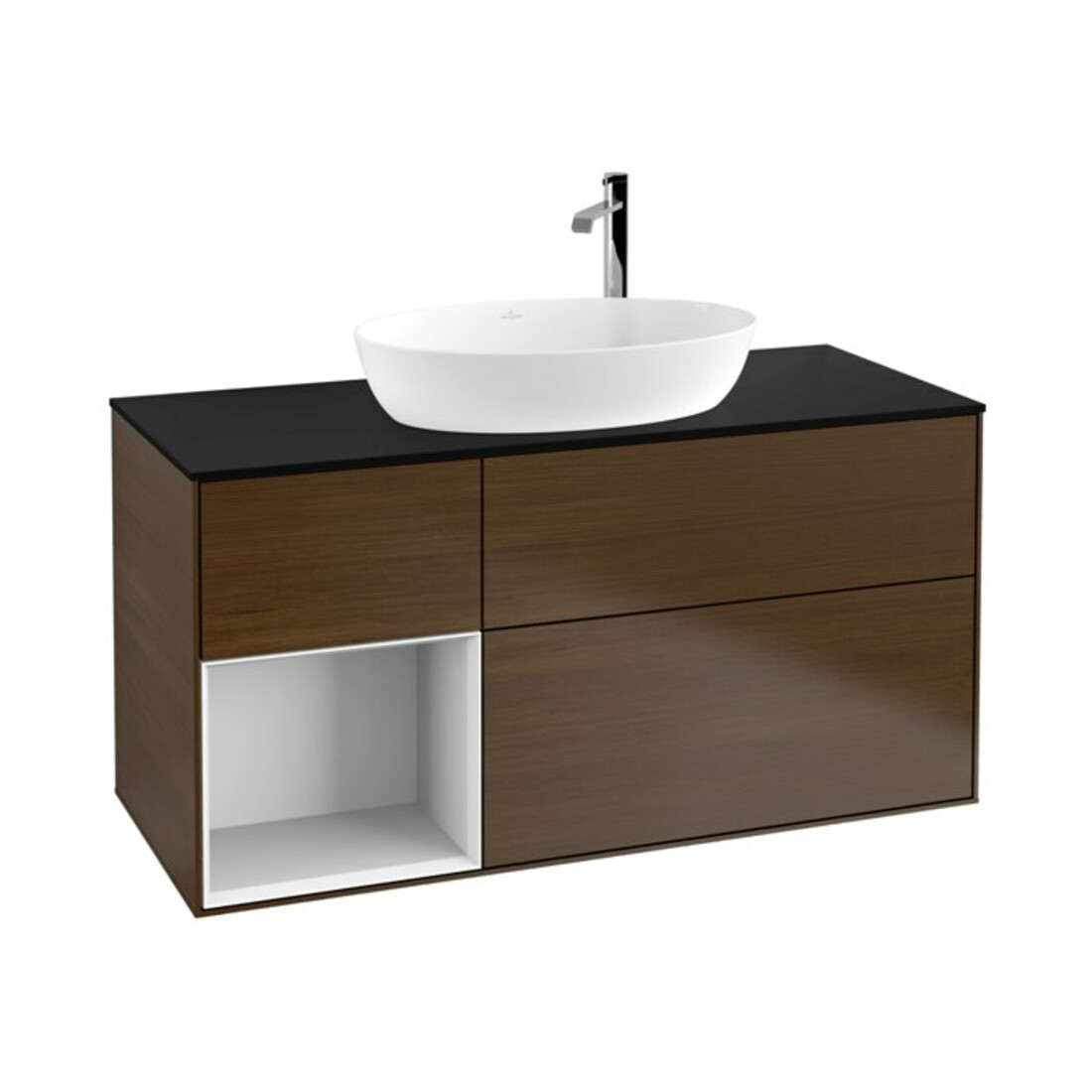 V&B Meuble sous lavabo Finion 120 cm, placage blanc mat, laqué blanc brillant, noyer veneer