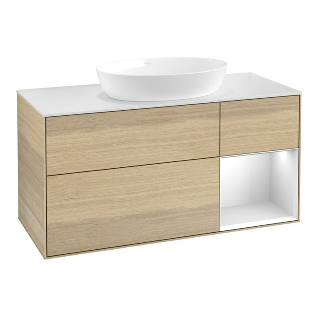 V&B Meuble sous-lavabo Finion 120 cm, placage blanc mat, laque blanc mat, éclairage mural