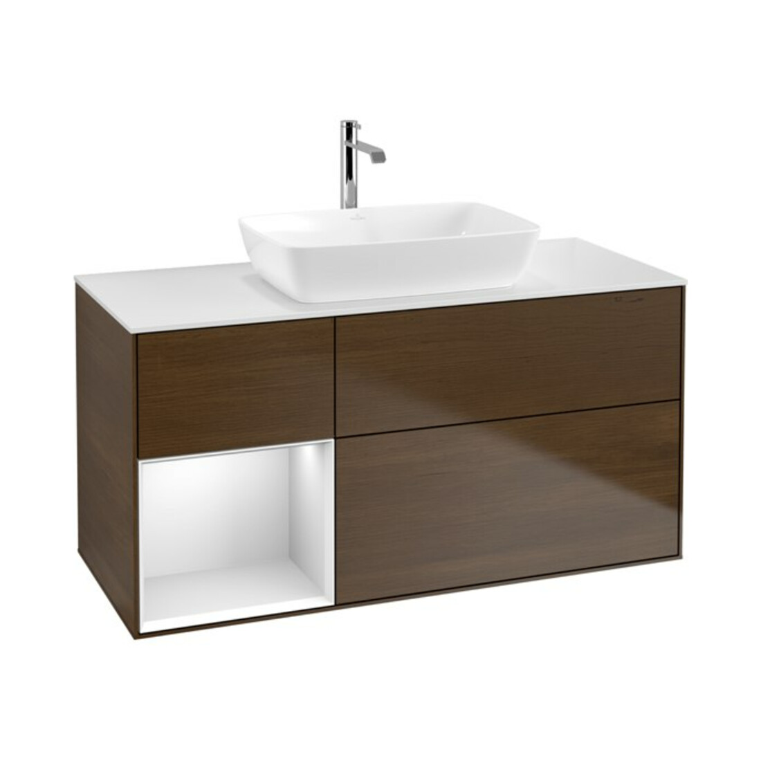 V&B Meuble sous-lavabo Finion 120 cm, placage blanc mat, laqué blanc mat, noyer veinée