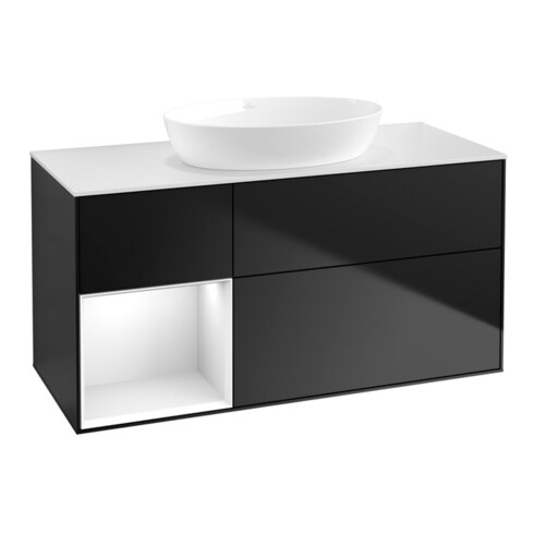 V&B Meuble sous lavabo Finion 120 cm, placage blanc mat, laque brillante blanc, bleu mat laqué
