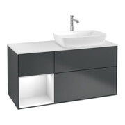 V&B Meuble sous lavabo Finion 120 cm, placage blanc mat, laqué gris, avec plan de toilette laqué bleu