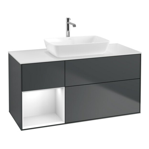 V&B Meuble sous lavabo Finion 120 cm, placage blanc mat, laque gris clair, avec plan blanc mat laqué