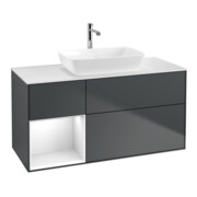 V&B Meuble sous lavabo Finion 120 cm, placage blanc mat, laque gris clair, avec plan blanc mat laqué