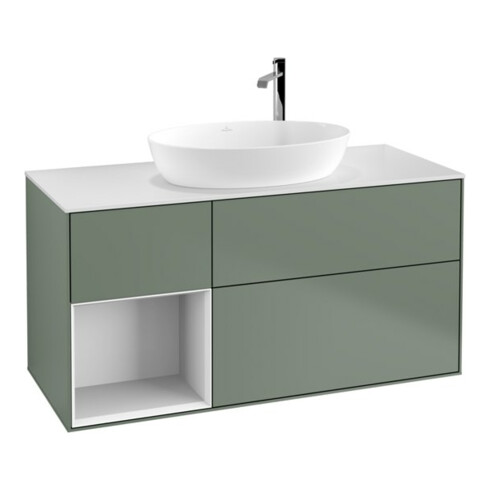 V&B Meuble sous lavabo Finion 120 cm, placage blanc mat, laqué gris, olivier mat laqué