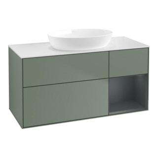 V&B Meuble sous lavabo Finion 120 cm, placage blanc mat, laque réglisse mate, olivier mat laqué
