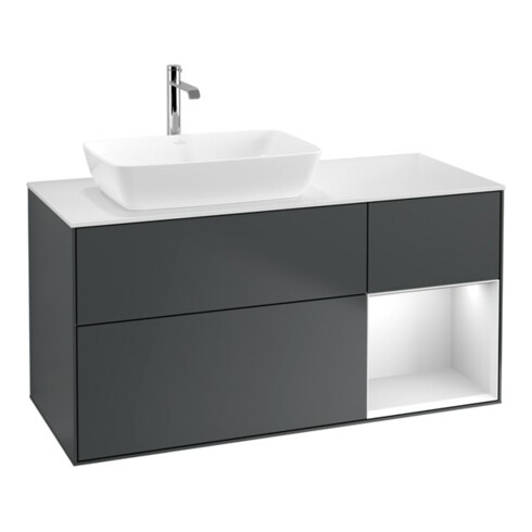 V&B Meuble sous lavabo Finion 120 cm, placage blanc mat, laque rouge blanc mat, médium bleu mat laqué