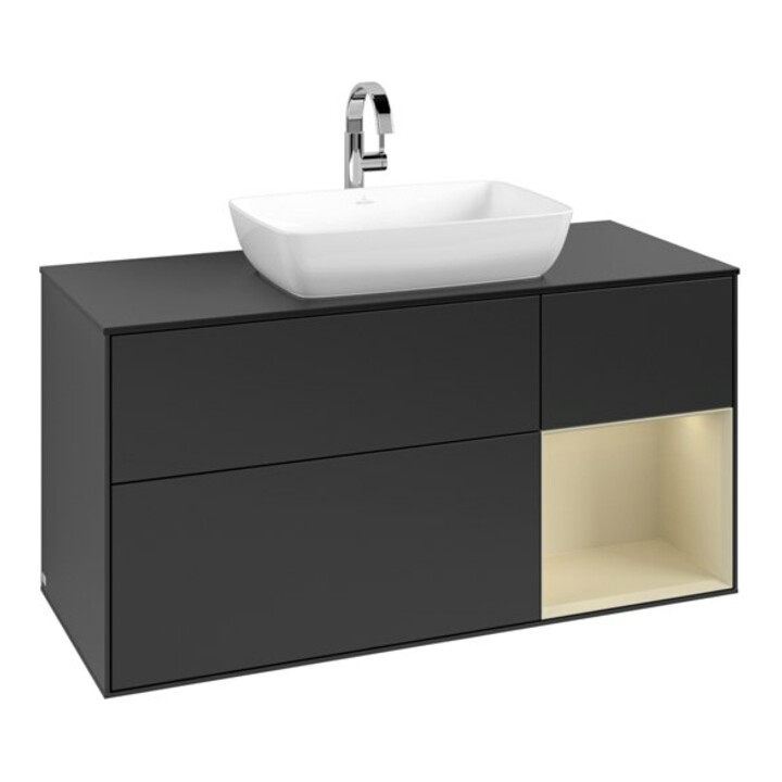V&B Meuble sous lavabo Finion 120 cm, placage blanc mat, poignée argent grain mat, blanc mat lacqué
