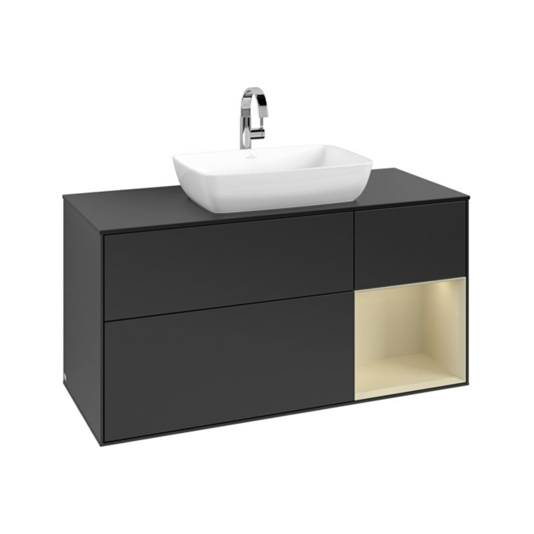 V&B Meuble sous lavabo Finion 120 cm, placage blanc mat, poignée argent grain mat, blanc mat lacqué