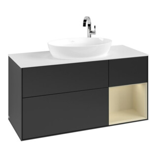 V&B Meuble sous lavabo Finion 120 cm, placage blanc mat, poignée argent gris mat laqué, bleu mat laqué
