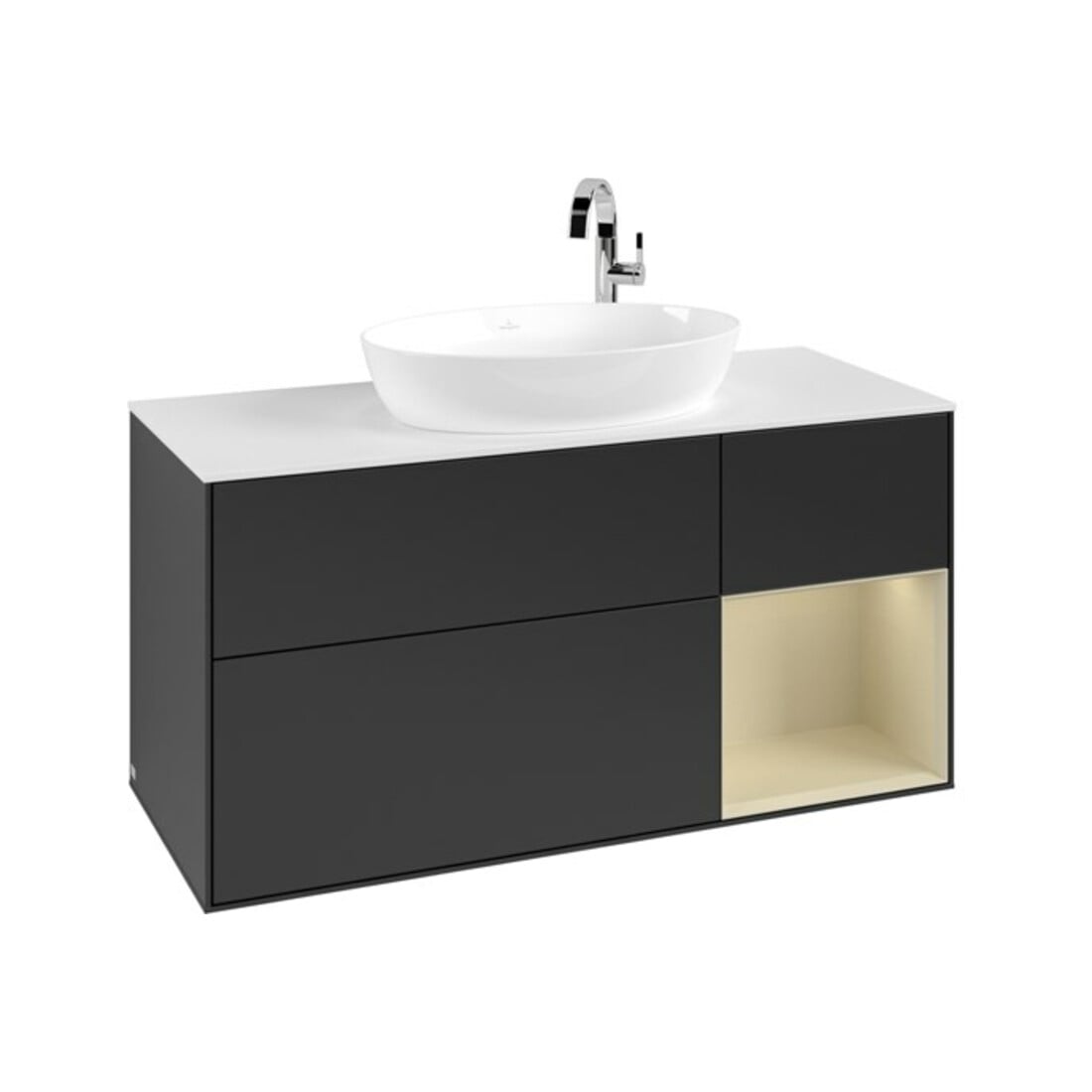 V&B Meuble sous lavabo Finion 120 cm, placage blanc mat, poignée argent gris mat laqué, bleu mat laqué