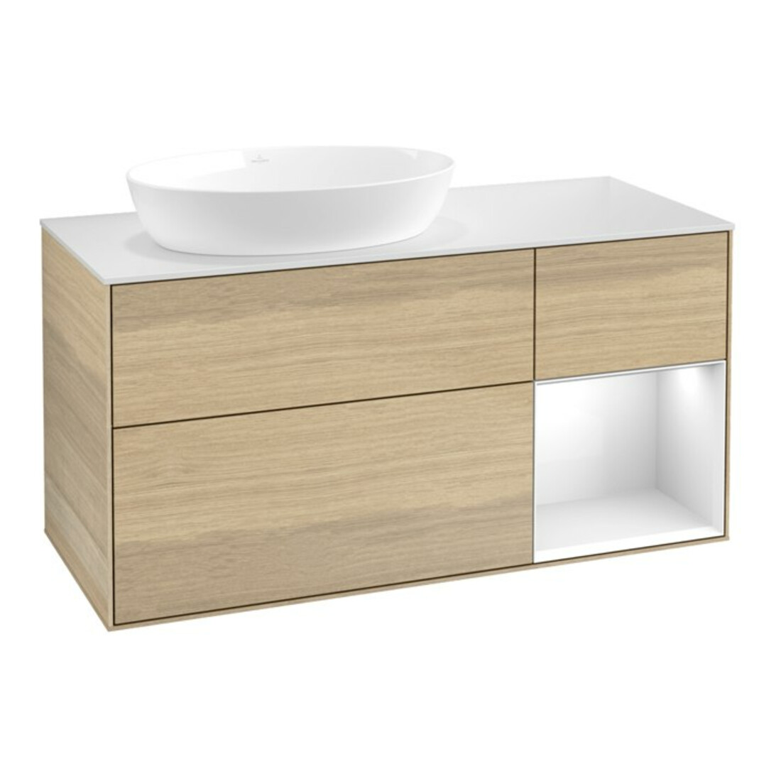 V&B Meuble sous lavabo Finion 120 cm, placage blanc mat, poignée blanche laquée, ouverture à bouton-poussoir