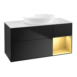 V&B Meuble sous-lavabo Finion 120 cm, placage blanc mat, poignée en laiton mat, bleu mat lacqué