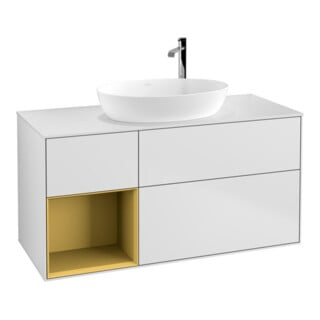 V&B Meuble sous lavabo Finion 120 cm, placage blanc mat, poignée en laiton mat laqué, blanc mat laqué