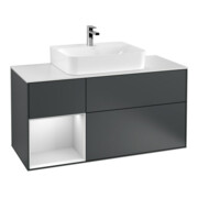 V&B Meuble sous lavabo Finion 120 cm, placage blanc mat, poignée laiton, modèle bleu mat laqué