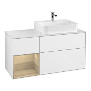 V&B Meuble sous lavabo Finion 120 cm, placage blanc mat, porte gauche, blanc brillant laqué