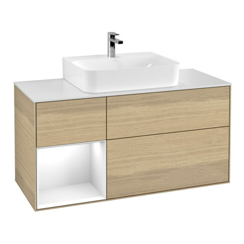 V&B Meuble sous lavabo Finion 120 cm, placage blanc mat, porte gauche, laqué brillant blanc, poignée ovale venise