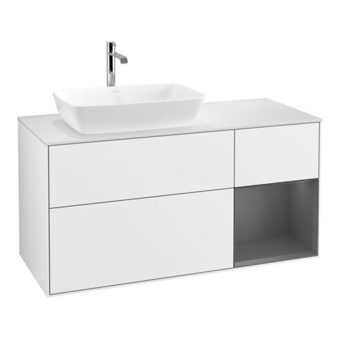 V&B Meuble sous lavabo Finion 120 cm, placage blanc mat, rangée A mat laqué, blanc brillant
