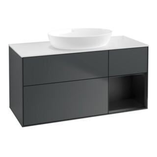 V&B Meuble sous lavabo Finion 120 cm, placage blanc mat, rangée bois mat laqué, médium bleu mat laqué
