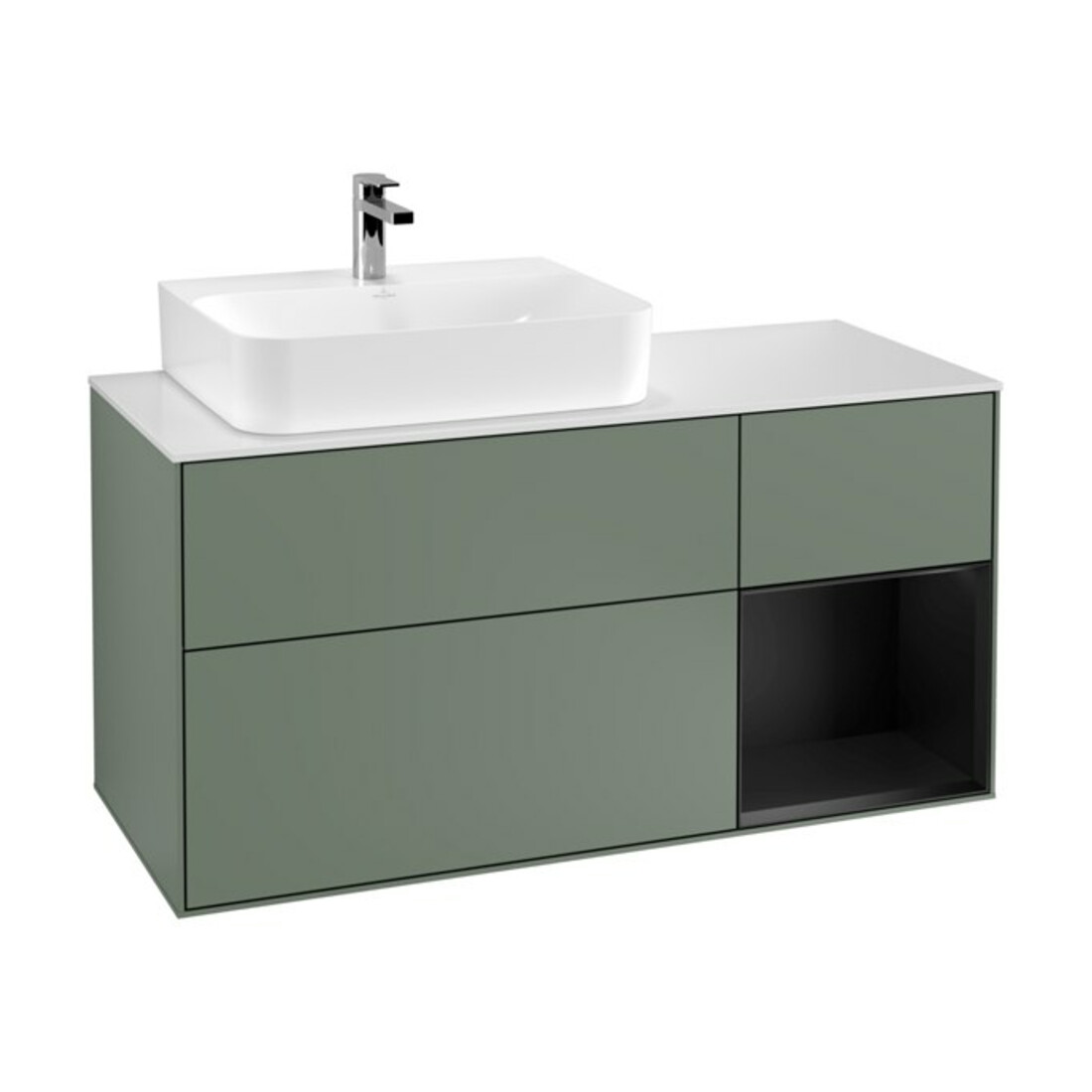 V&B Meuble sous lavabo Finion 120 cm, placage blanc mat, rangée rouge bordeaux mat laqué, olivier mat laqué