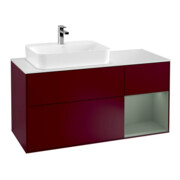 V&B Meuble sous lavabo Finion 120 cm, placage blanc mat, rangement à droite, olivier mat laqué, poignée métal