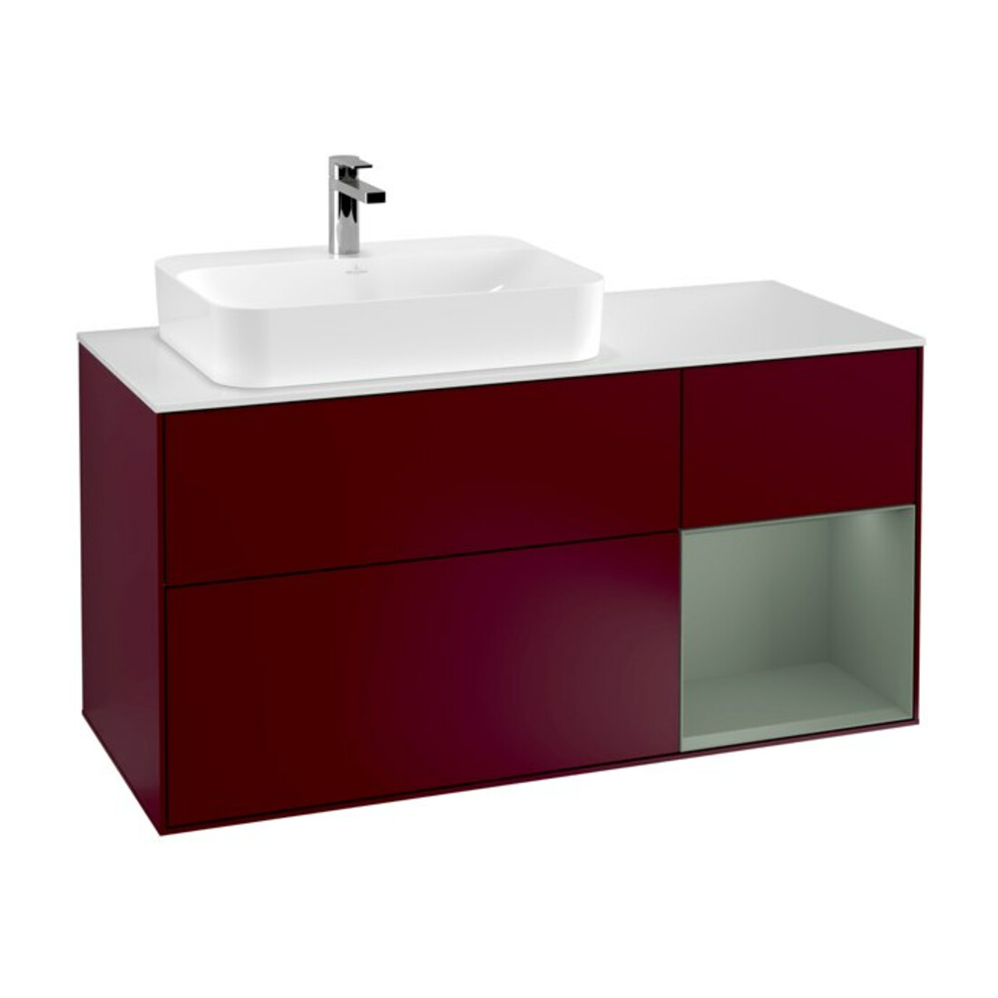 V&B Meuble sous lavabo Finion 120 cm, placage blanc mat, rangement à droite, olivier mat laqué, poignée métal