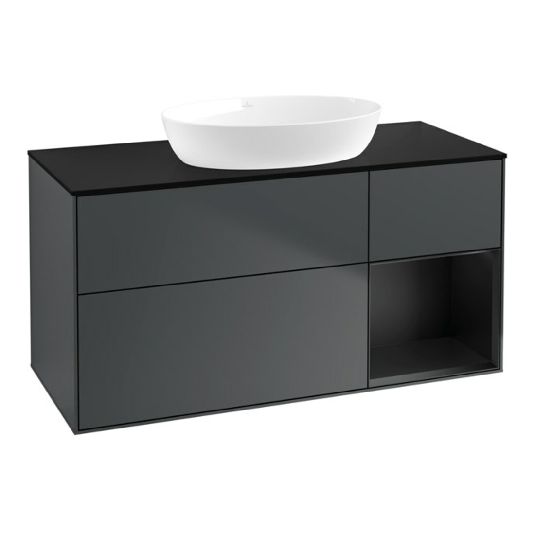 V&B Meuble sous lavabo Finion 120 cm, placage blanc mat, rangement blanc mat laqué, miroir blanc mat laqué