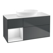 V&B Meuble sous lavabo Finion 120 cm, placage blanc mat, rangement blanc mat laqué, poignée bleue mat laquée