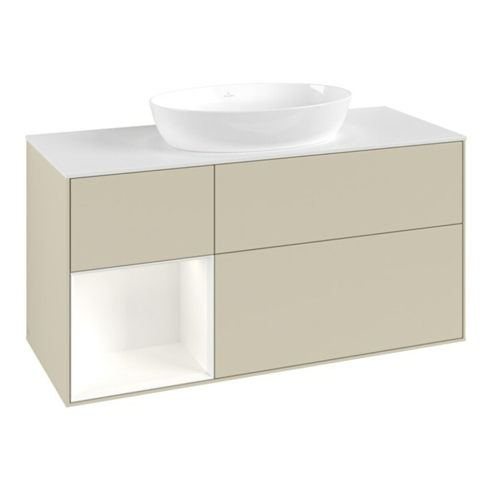 V&B Meuble sous lavabo Finion 120 cm, placage blanc mat, rangement blanc mat laqué, poignée gris mat laqué