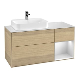V&B Meuble sous lavabo Finion 120 cm, placage blanc mat, rangement droit blanc mat, avec laque, ouverture à bouton poussoir
