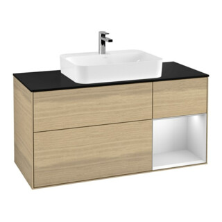 V&B Meuble sous lavabo Finion 120 cm, placage blanc mat, rangement droit blanc mat, ouverture à pression
