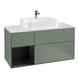 V&B Meuble sous lavabo Finion 120 cm, placage blanc mat, rangement laqué, olivier mat laqué