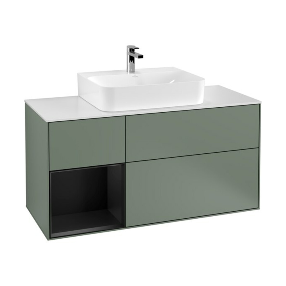 V&B Meuble sous lavabo Finion 120 cm, placage blanc mat, rangement laqué, olivier mat laqué