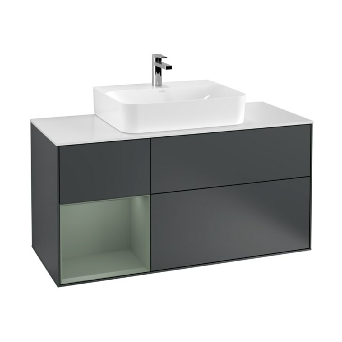 V&B Meuble sous lavabo Finion 120 cm, placage blanc mat, rangement latéral olivier mat, avec lavabo mat laqué