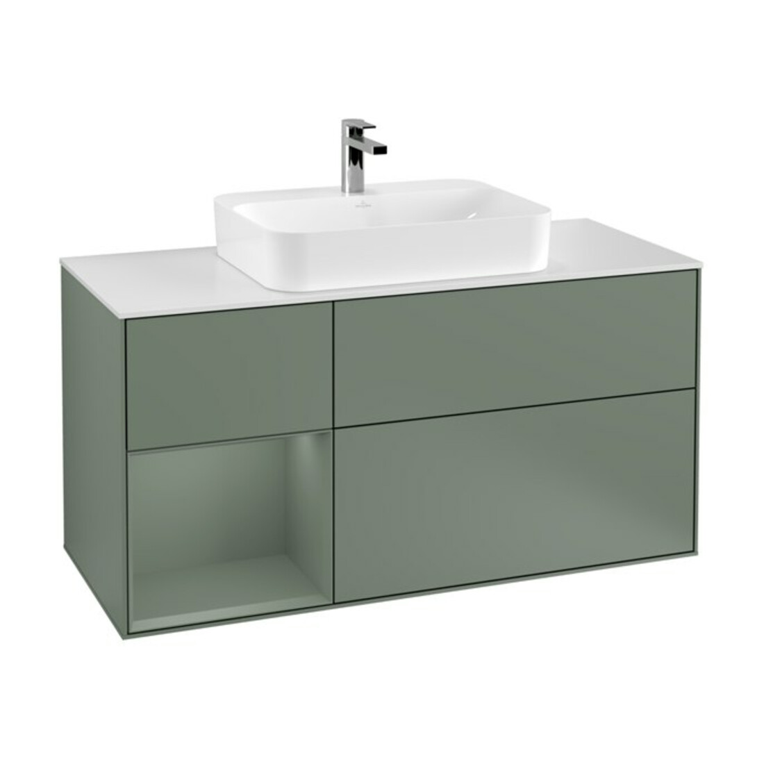 V&B Meuble sous lavabo Finion 120 cm, placage blanc mat, rangement latéral olivier mat laqué