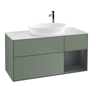 V&B Meuble sous lavabo Finion 120 cm, placage blanc mat, rangement médium mat laqué, olivier mat laqué