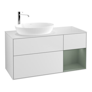 V&B Meuble sous lavabo Finion 120 cm, placage blanc mat, rangement olivier mat laqué