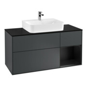 V&B Meuble sous-lavabo Finion 120 cm, placage blanc mat, rangement rabattable blanc mat, médium blanc mat laqué