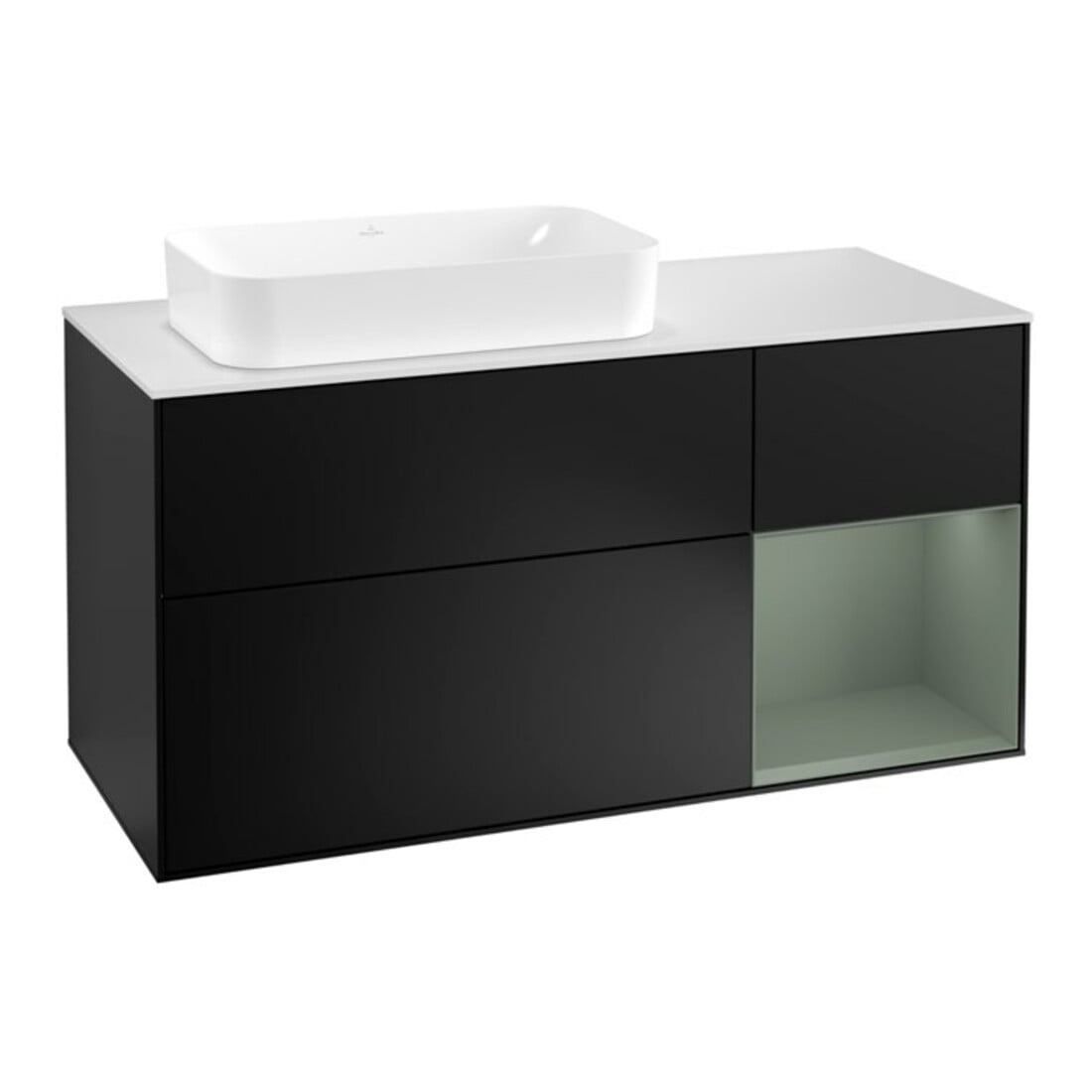 V&B Meuble sous lavabo Finion 120 cm, placage blanc mat, rangement rouleau, olivier mat laqué, bleu mat laqué