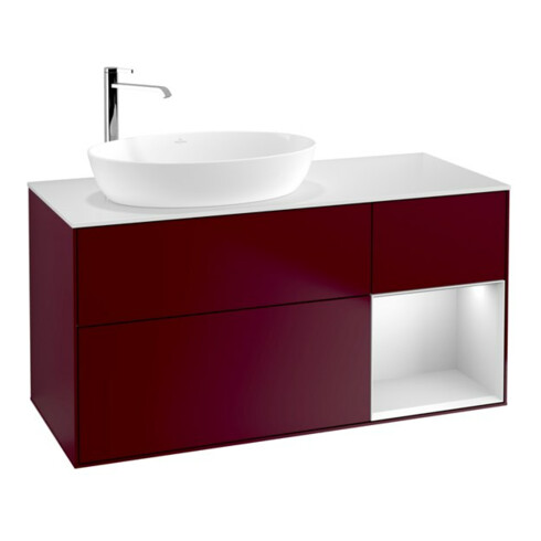 V&B Meuble sous-lavabo Finion 120 cm, placage blanc mat, réglette blanche mat, poignée métal