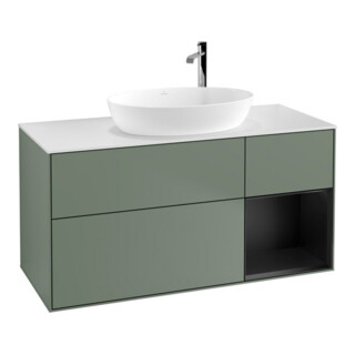 V&B Meuble sous lavabo Finion 120 cm, placage blanc mat, réglette bleue mate laquée, olivier mat laqué