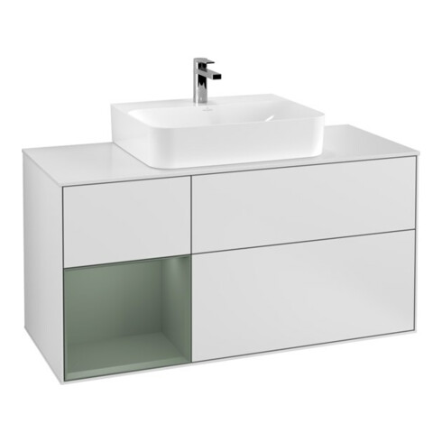 V&B Meuble sous lavabo Finion 120 cm, placage blanc mat, réglette laque olivier, blanc mat laque