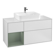 V&B Meuble sous lavabo Finion 120 cm, placage blanc mat, réglette laque olivier, blanc mat laque