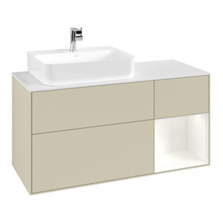 V&B Meuble sous lavabo Finion 120 cm, placage blanc mat, réglette rouge blanc mat laquée, poignée gris mat laquée