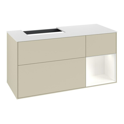 V&B Meuble sous lavabo Finion 120 cm, placage blanc mat, réglette rouge blanc mat laquée, poignée gris mat laquée