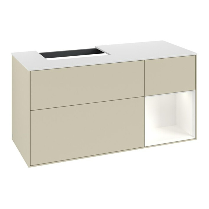 V&B Meuble sous lavabo Finion 120 cm, placage blanc mat, réglette rouge blanc mat laquée, poignée gris mat laquée