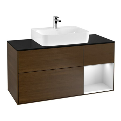 V&B Meuble sous lavabo Finion 120 cm, placage blanc mat, tiroir à droite, blanc laqué, noyer veinée