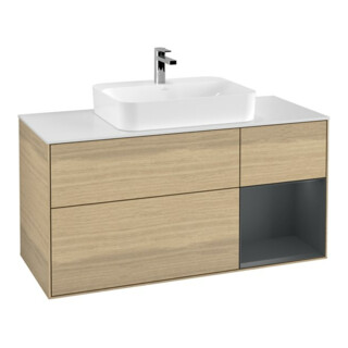 V&B Meuble sous lavabo Finion 120 cm, placage blanc mat, tiroir à droite, miroir bleu mat, Oa ven
