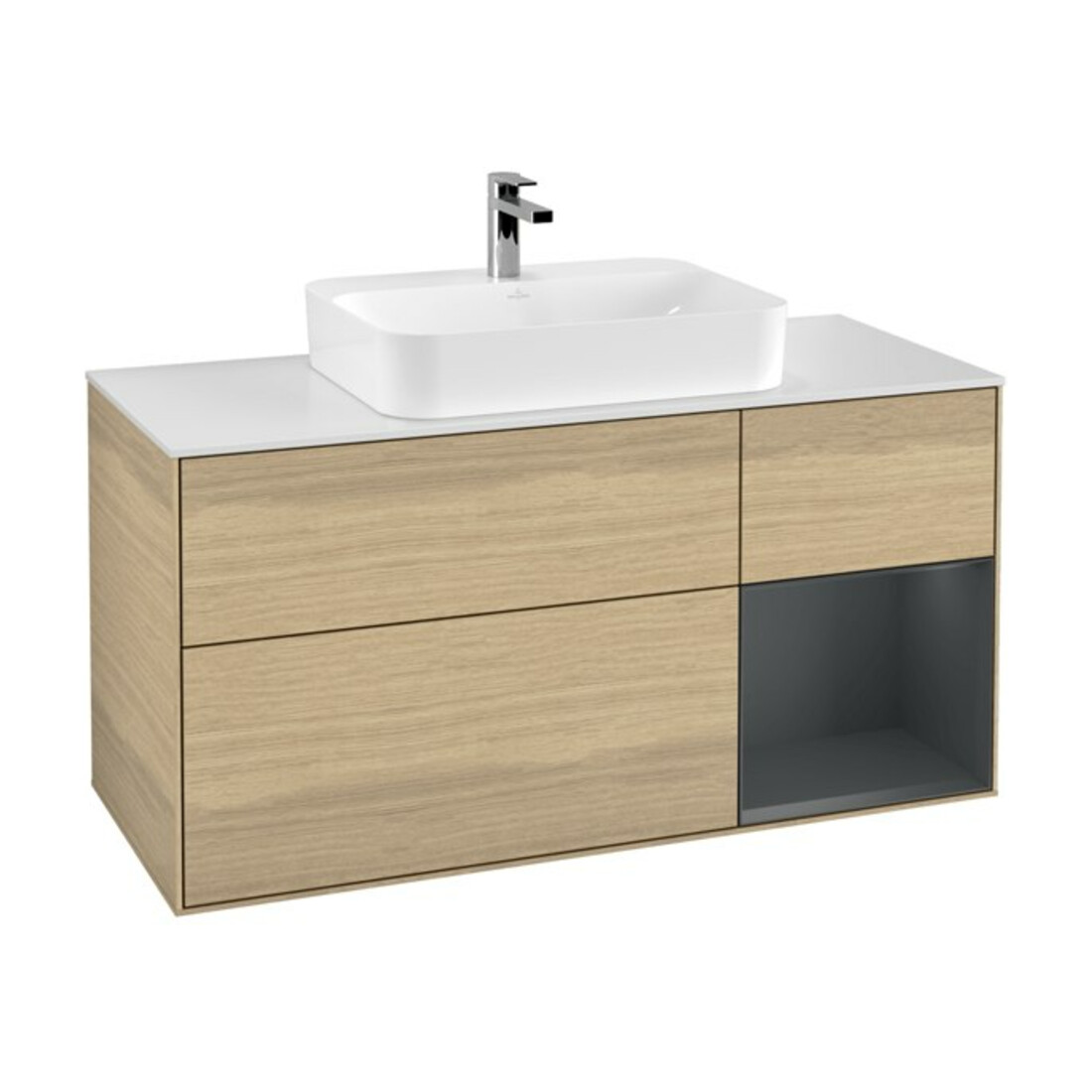 V&B Meuble sous lavabo Finion 120 cm, placage blanc mat, tiroir à droite, miroir bleu mat, Oa ven