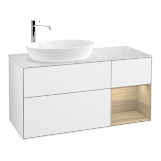 V&B Meuble sous lavabo Finion 120 cm, placage blanc mat, tiroir, blanc laqué brillant
